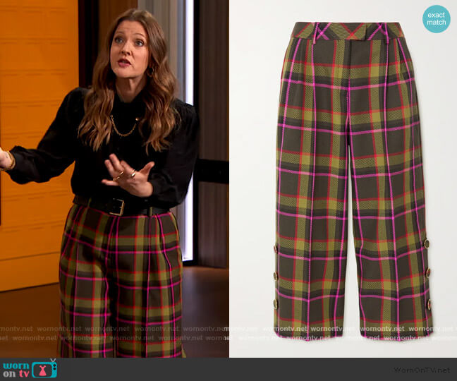 Ralph & Russo Cropped checked wool-drill wide-leg pants worn by Drew Barrymore on The Drew Barrymore Show