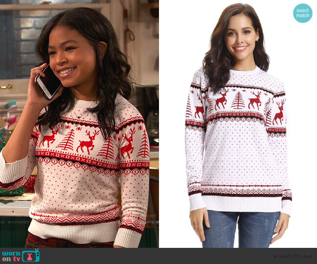 Abollria Reindeer Snowflakes Sweater worn by Nia Baxter (Navia Robinson) on Ravens Home