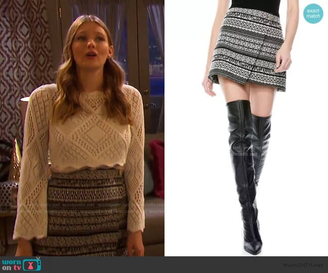 Alice + Olivia Renna Button-Wrap Mini Skirt worn by Alice Caroline Horton (Lindsay Arnold) on Days of our Lives