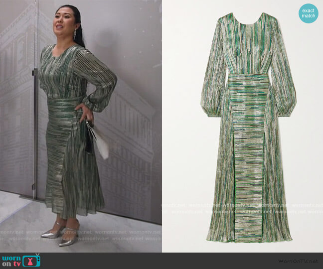 Rotate Birger Christensen Lisa striped metallic stretch-knit maxi dress worn by Sherri Kansky (Ruthie Ann Miles) on All Rise