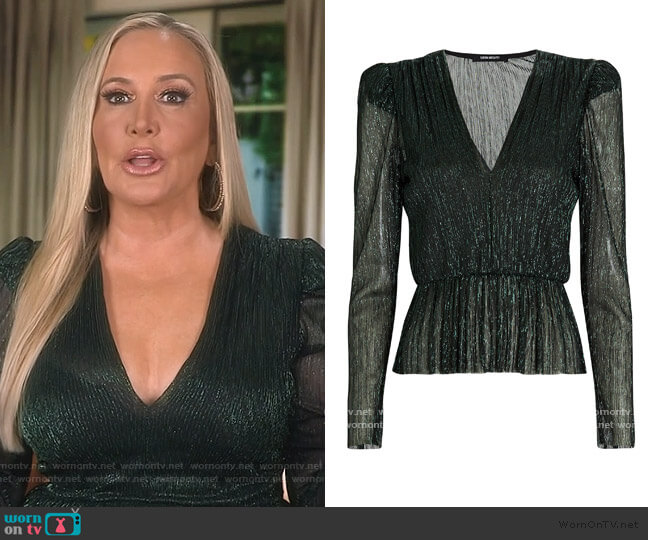 Sabina Musayev Samantha Plissé Lurex Top worn by Shannon Beador on The Real Housewives of Orange County