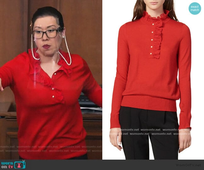 Sandro Amor Lace Trim Mock Neck Sweater worn by Sherri Kansky (Ruthie Ann Miles) on All Rise