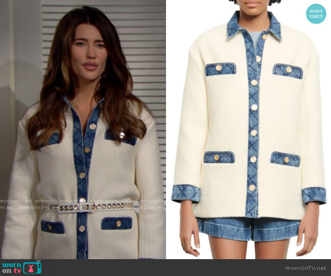 Sandro Chelby Tweed & Denim Blazer worn by Steffy Forrester (Jacqueline MacInnes Wood) on The Bold and the Beautiful