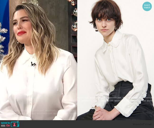 Sandro Silk shirt with pleated trim worn by Carissa Loethen Culiner on E! News