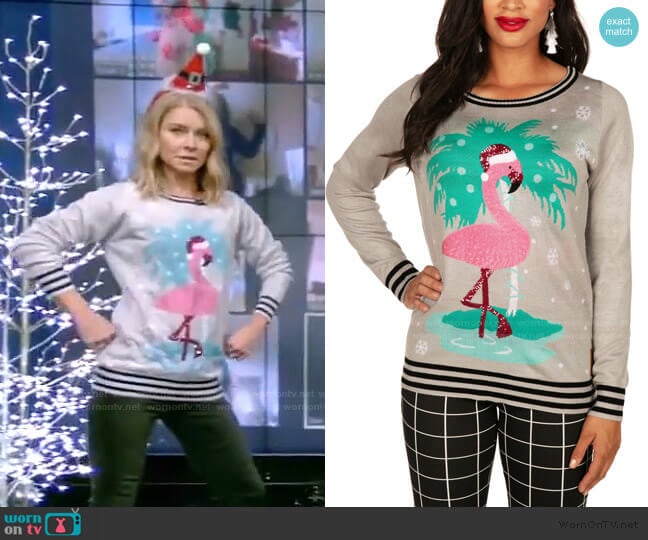 Tipsy Elves Sequin Flamingo Ugly Christmas Sweater worn by Kelly Ripa on Live with Kelly and Mark