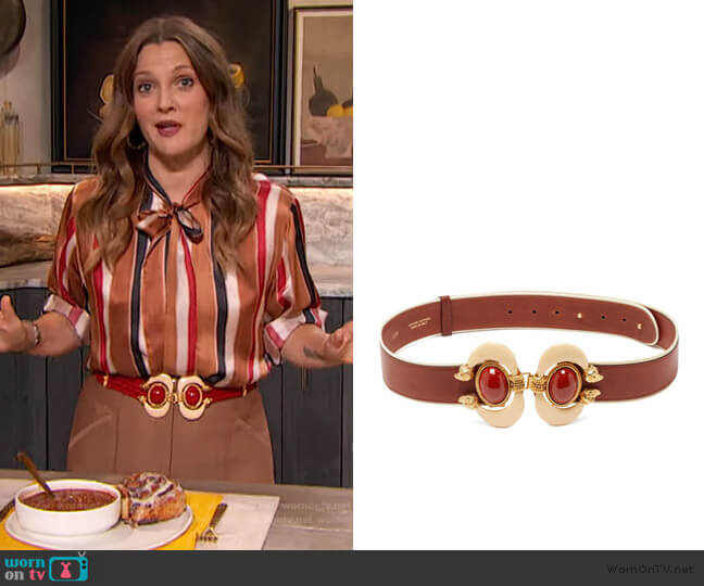 Sonia Petroff Aries cabochon-embellished leather belt worn by Drew Barrymore on The Drew Barrymore Show