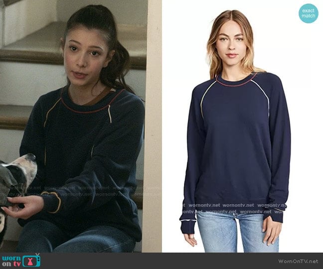 The Great The College Sweatshirt with Multi Piping worn by Natalie (Makenzie Moss) on The Unicorn