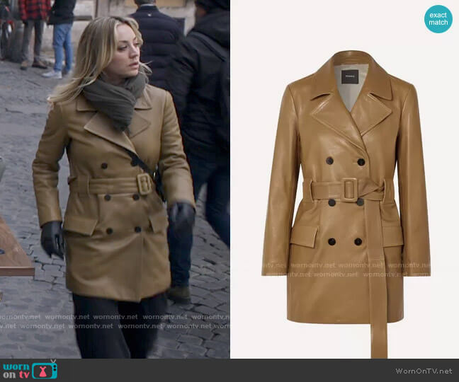Theory Belted double-breasted leather coat worn by Cassie Bowden (Kaley Cuoco) on The Flight Attendant