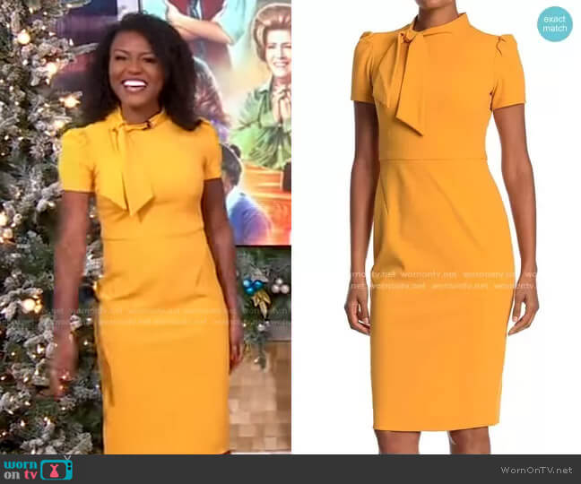 Maggy London Tie Neck Puff Sleeve Scuba Crepe Dress worn by Janai Norman on Good Morning America
