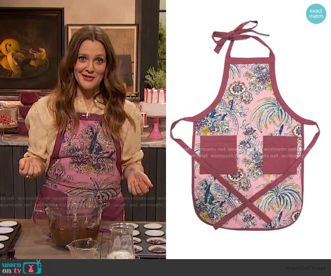 by Drew Barrymore Flower Home Tropical Toile Apron worn by Drew Barrymore on The Drew Barrymore Show
