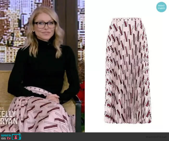 Valentino V-print pleated skirt worn by Kelly Ripa on Live with Kelly and Mark