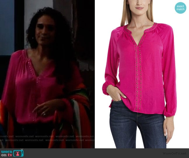 Vince Camuto Long Sleeve Stud Trim Blouse worn by Jordan Ashford (Briana Nicole Henry) on General Hospital