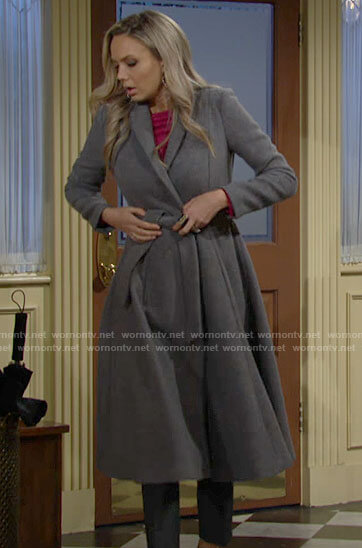 Abby’s long grey flared coat on The Young and the Restless