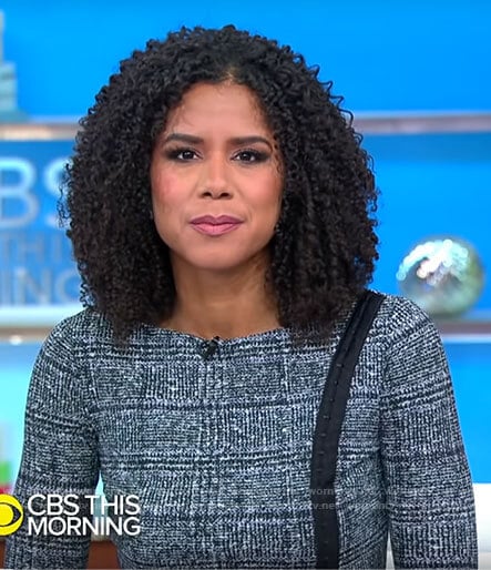 Adriana Diaz’s grey plaid dress with black stripe on CBS Mornings