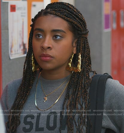 Aisha’s gray Slow Jams sweatshirt on Saved By The Bell