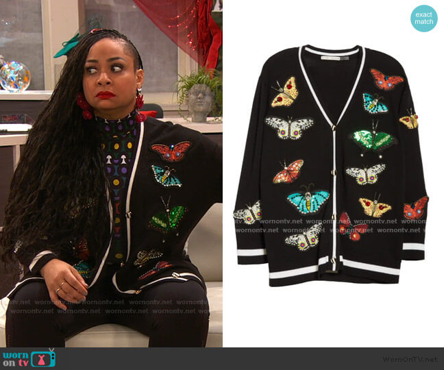 Alice + Olivia Bradford Embellished Butterfly Grandpa Cardigan worn by Raven Baxter (Raven-Symoné) on Ravens Home