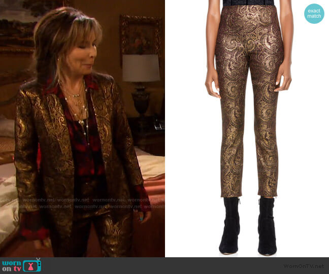 Alice + Olivia Gloriane Metallic Paisley Jacquard Zip Cuff Crop Pants worn by Kate Roberts (Lauren Koslow) on Days of our Lives