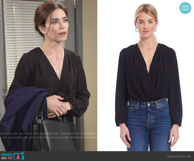 Amanda Uprichard Crossover Bodysuit in Black worn by Victoria Newman (Amelia Heinle) on The Young and the Restless