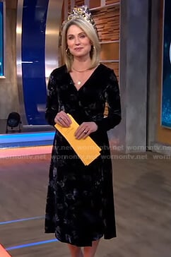Amy’s black floral print velvet wrap dress on Good Morning America