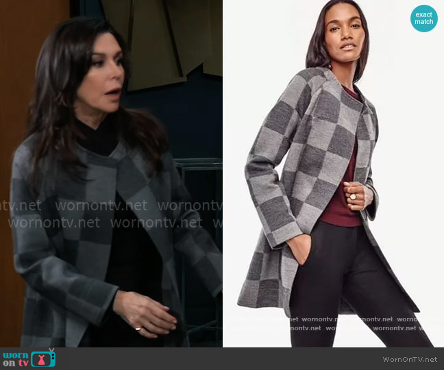 Ann Taylor Plaid Merino Wool Sweater Coat worn by Anna Devane (Finola Hughes) on General Hospital