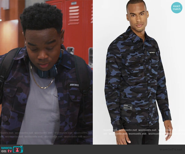 Avirex Navy Camo Officer Shirt worn by DeVante (Dexter Darden) on Saved By The Bell