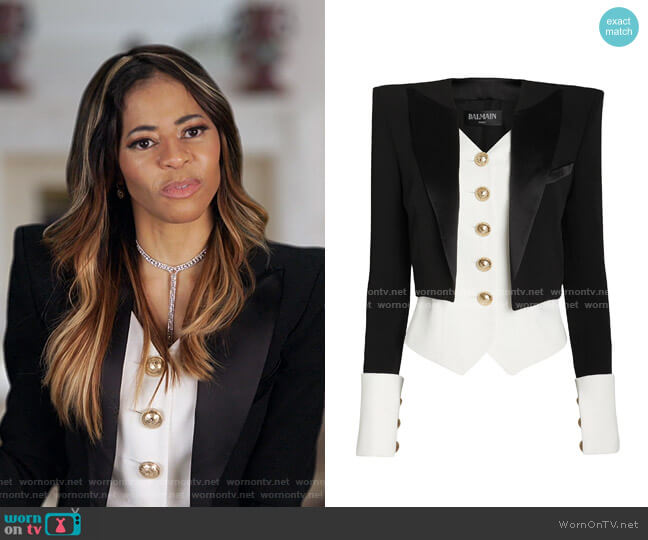 Balmain Layered Satin Crepe Tuxedo Blazer worn by Mary Cosby on The Real Housewives of Salt Lake City