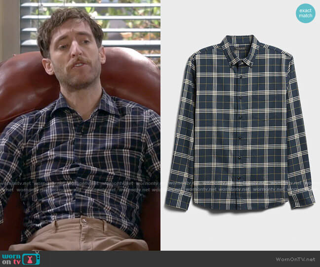 Banana Republic Untucked Slim-Fit Flannel Shirt in Black Plaid worn by Drew Dunbar (Thomas Middleditch) on B Positive