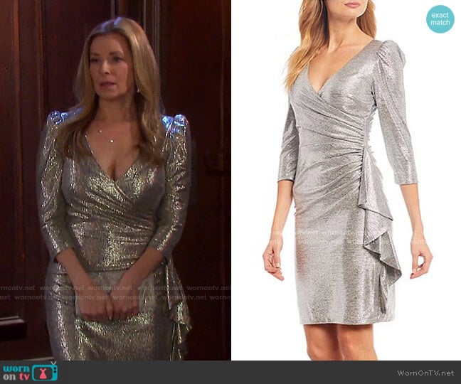 Betsy & Adam Stretch Metallic Faux Wrap Ruffle Puff Sleeve Dress worn by Jennifer Horton (Cady McClain) on Days of our Lives