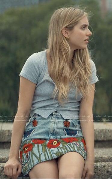 Bette’s flower, butterfly, and ladybird embroidered denim skirt on Tiny Pretty Things