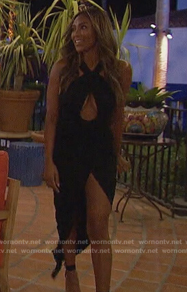 Tayshia’s black halter cutout dress on The Bachelorette