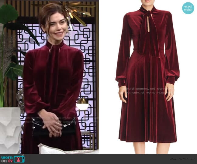 Black Halo Ruby Tie-Neck Velvet Dress worn by Victoria Newman (Amelia Heinle) on The Young and the Restless