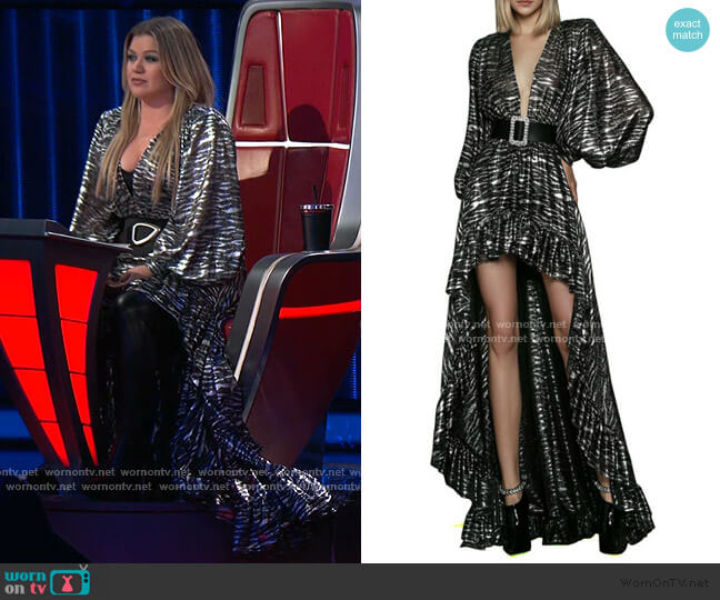 Bronx and Banco Metallic Zebra V-Neck Bishop-Sleeve High-Low Gown worn by Kelly Clarkson on The Voice