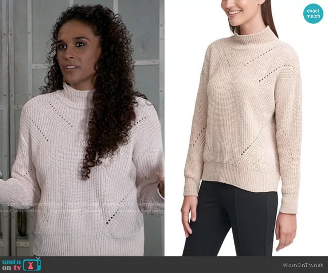 Calvin Klein Chenille Mock-Neck Pointelle Sweater worn by Jordan Ashford (Briana Nicole Henry) on General Hospital