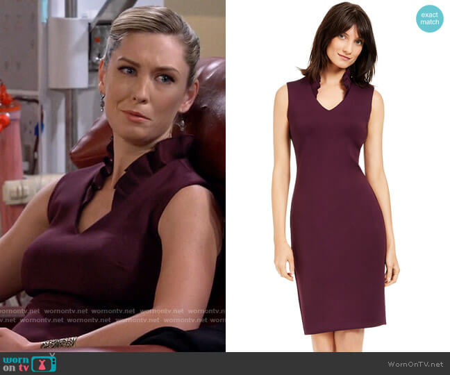 Calvin Klein Ruffled-Collar Scuba Sheath Dress in Aubergine worn by Samantha (Briga Heelan) on B Positive