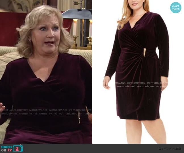 Calvin Klein Velvet Wrap Sheath Dress worn by Traci Abbott (Beth Maitland) on The Young and the Restless