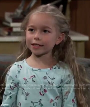 Violet’s blue unicorn print dress on General Hospital