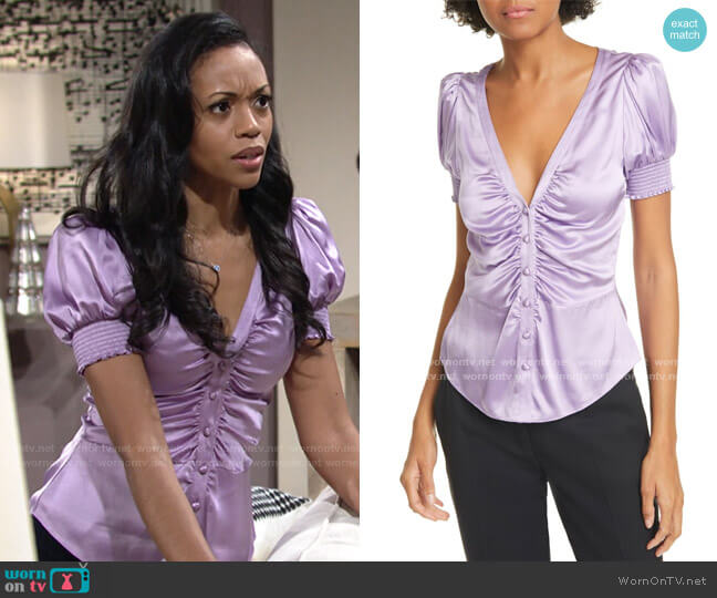 Cinq a Sept Eugenia Silk Satin Ruched Top worn by Amanda Sinclair (Mishael Morgan) on The Young and the Restless