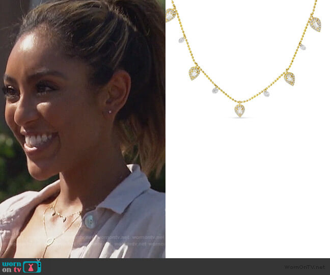Brevani Dashing Diamond Five Station Dangle Pear White Topaz Necklace worn by Tayshia Adams on The Bachelorette