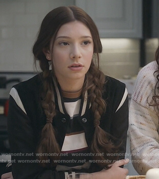 Natalie’s black contrast bomber jacket on The Unicorn