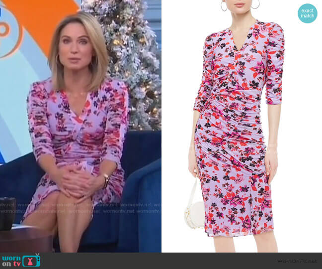 Diane von Furstenberg Brendon Ruched Floral-Print Stretch-Mesh Dress worn by Amy Robach on Good Morning America