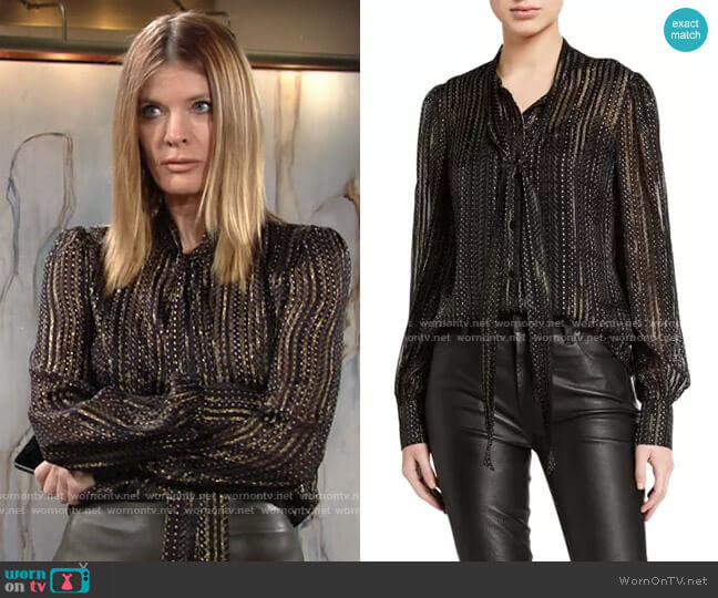 Diane von Furstenberg Lanie Metallic Tie-Neck Blouse worn by Phyllis Summers (Michelle Stafford) on The Young and the Restless