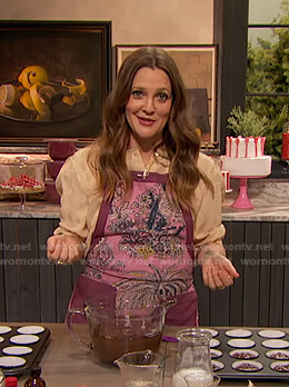 Drew’s pink floral apron on The Drew Barrymore Show