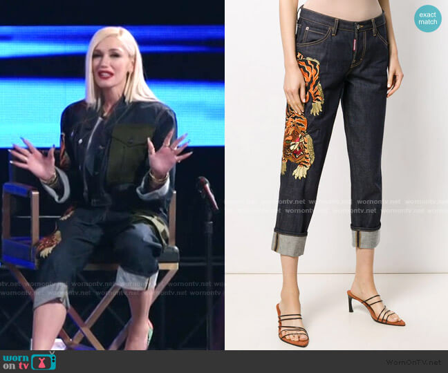 Dsquared2 Cropped Tiger Embroidered Jeans worn by Gwen Stefani on The Voice