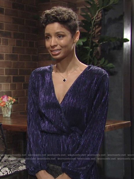 Elena’s blue metallic wrap dress on The Young and the Restless