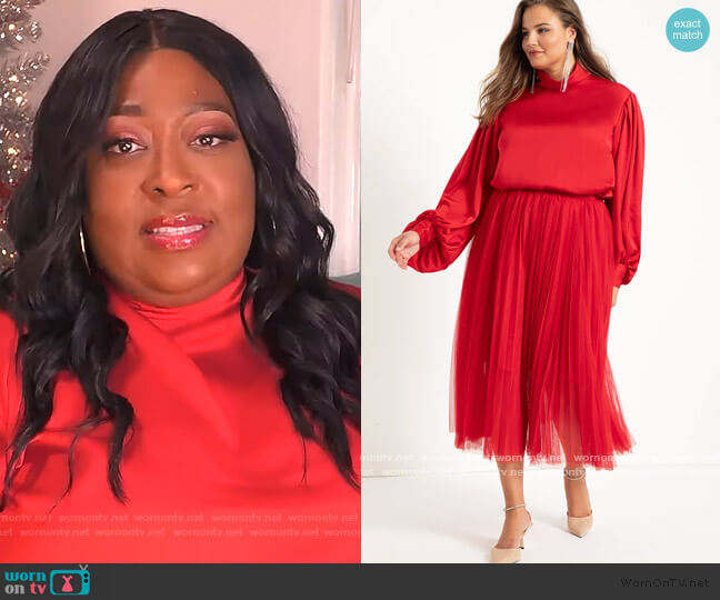 Eloquii Poet Sleeve Blouse With High Neck in Haute Red worn by Loni Love on The Real