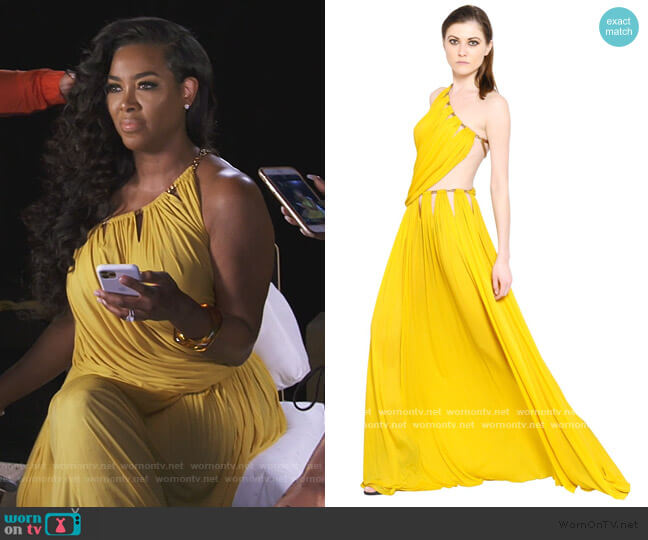Emilio Pucci Yellow Draped Viscose Jersey Dress with Chain worn by Kenya Moore on The Real Housewives of Atlanta