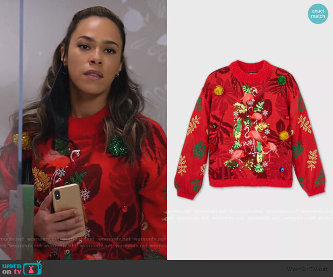 Target Flamingo Christmas Tree Graphic Pullover Sweater worn by Emily Lopez (Jessica Camacho) on All Rise