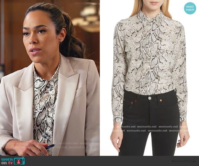 Equipment Slim Signature Python Print Silk Shirt worn by Emily Lopez (Jessica Camacho) on All Rise