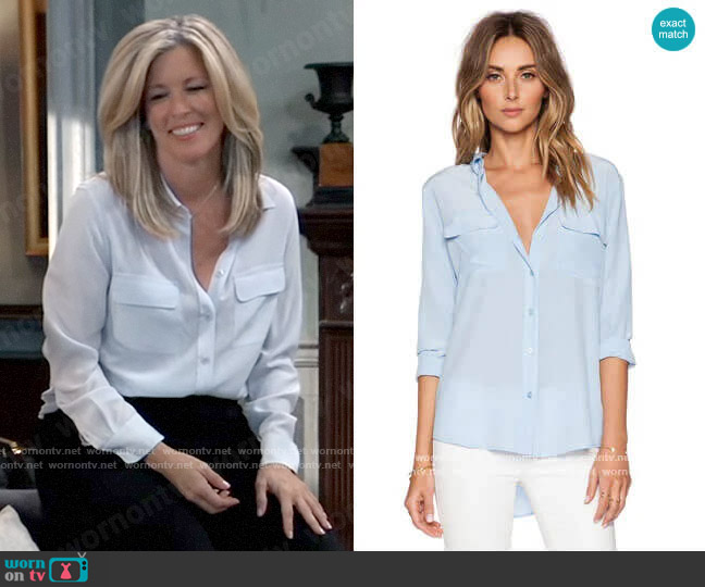 Equipment Slim Signature Blouse in Periwinkle Blue worn by Carly Spencer (Laura Wright) on General Hospital