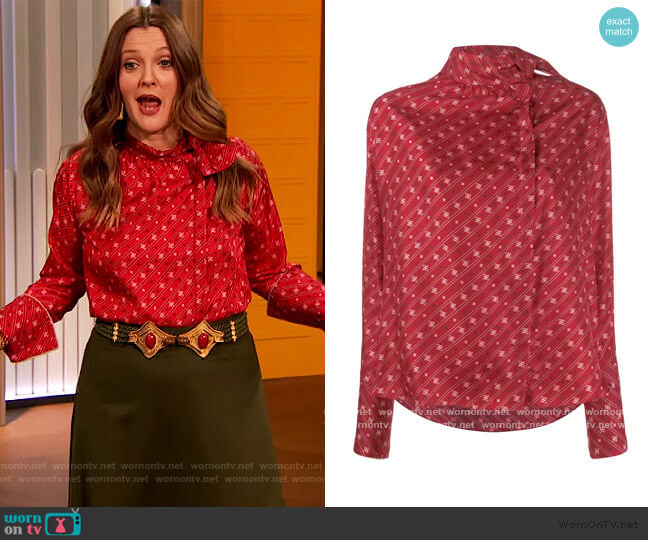 Fendi Karligraphy motif foulard collar blouse worn by Drew Barrymore on The Drew Barrymore Show